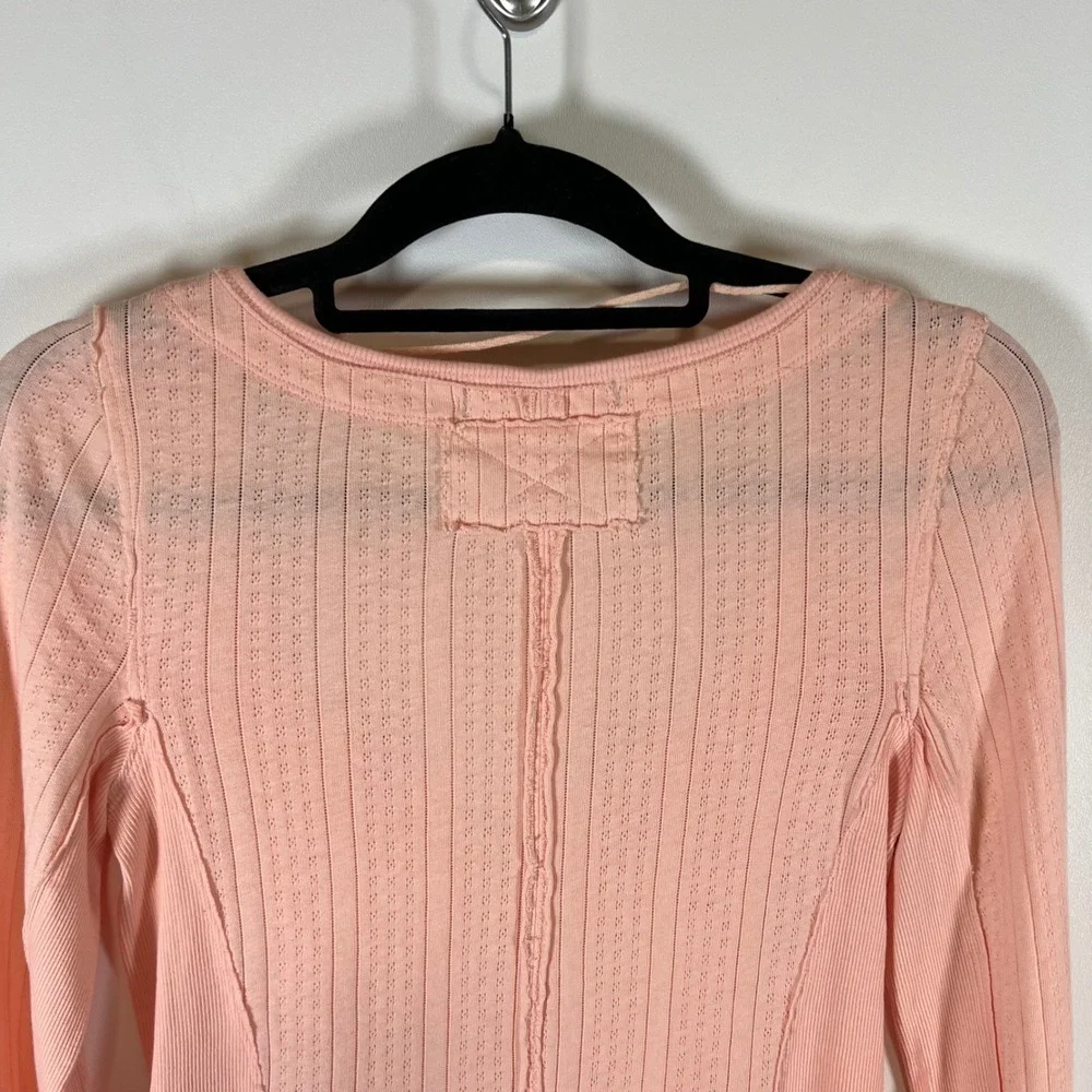 Free People We The Free Pink Pointelle‎ V-Neck Long Sleeve Top OB1817655 Medium